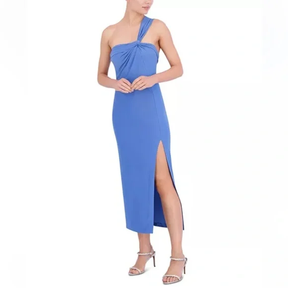 BCBGMaxAzria One Shoulder Midi Dress Blue Asymmetrical Cocktail Dress NWT Sz 2 - Picture 2 of 13